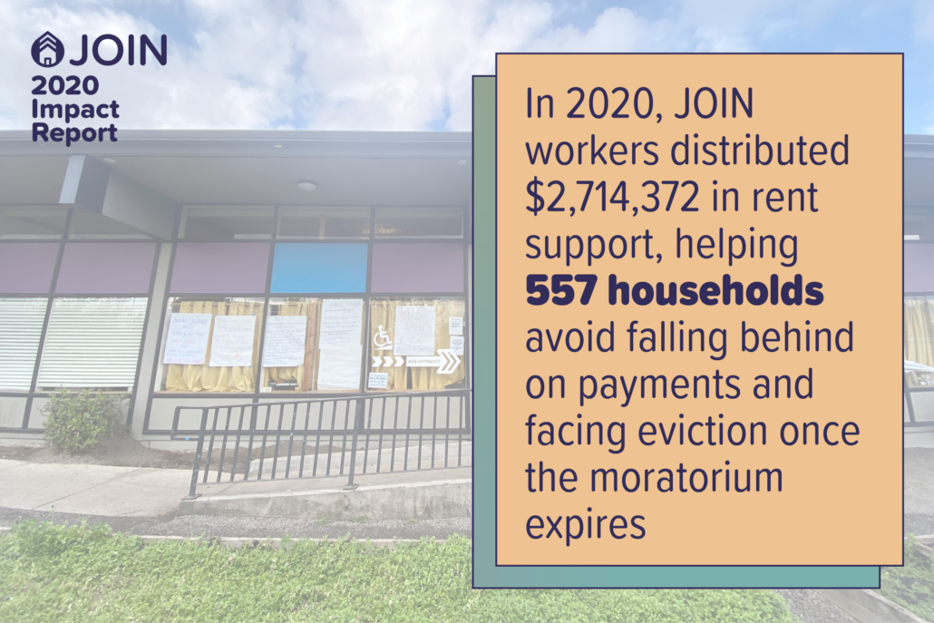 In 2020, JOIN workers distributed $2,714,372 in rent support, helping 557 households avoid falling behind on payments and facing eviction once the moratorium expires
