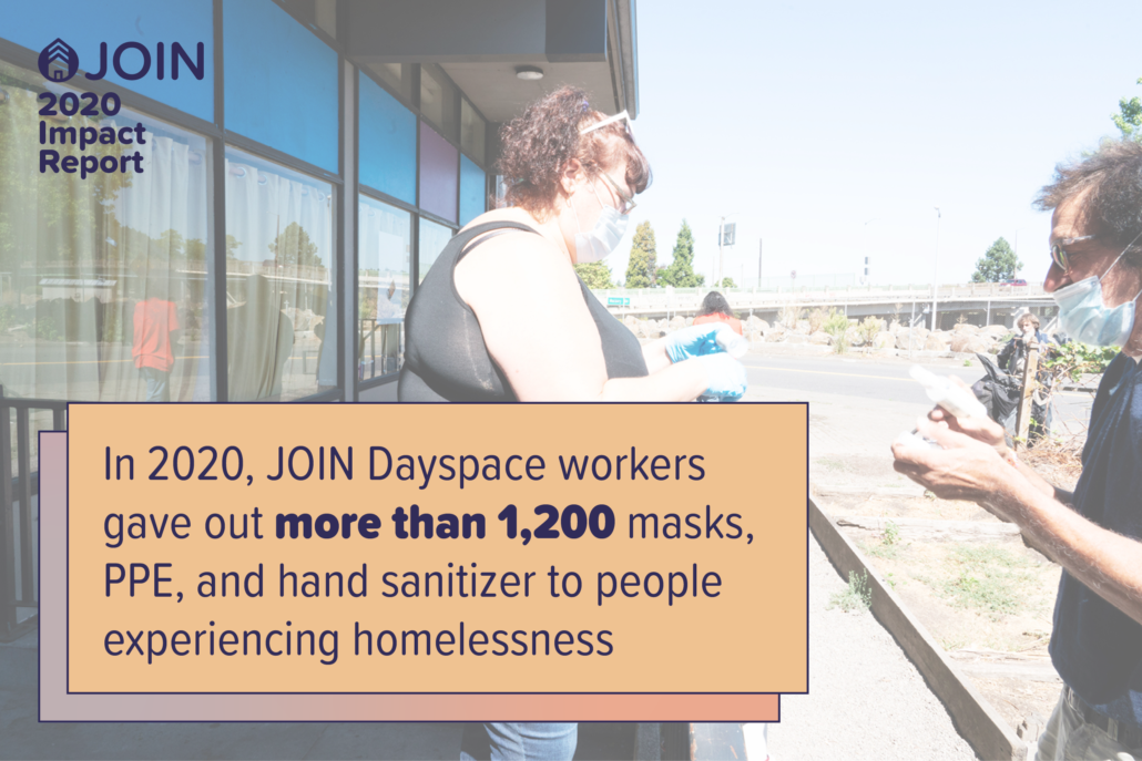 In 2020, JOIN Dayspace workers gave out more than 1,200 masks, PPE, and hand sanitizer to people experiencing homelessness